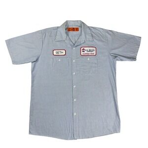 Red Kap Mens Blue White Pinstripe Work Shirt Seth R.E. Michel Patch Large